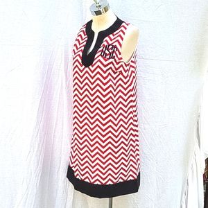 Ladies mud Pie chevron dress, red white black trim, embroidered USC, sz M
